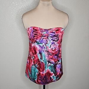 LOFT 6 Strapless Corset top Satin Watercolor floral red purple print